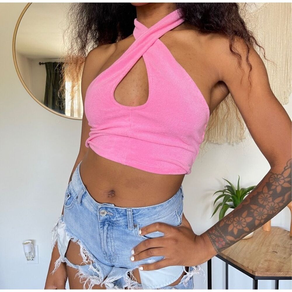 Juicy Couture Urban Outfitters Pink Terry Crossover Halter Crop Top Rhinestone M